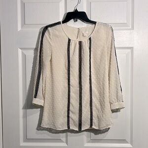 J.Crew Women's Ivory Black Lace Swiss Dot 3/4 Sleeve Blouse - Size 00 (xxs)